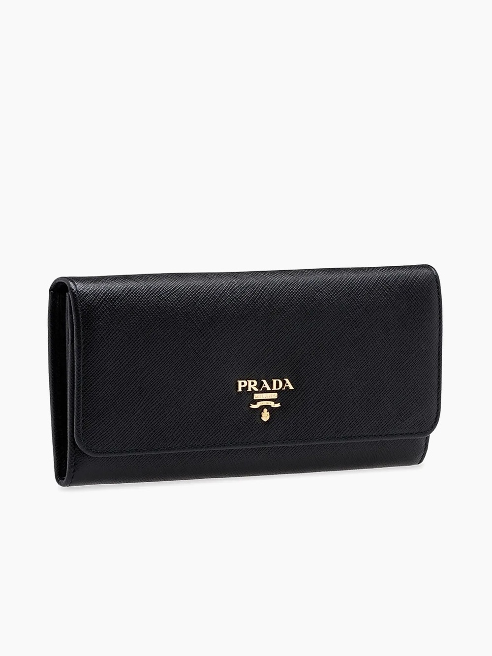 Prada Large Saffiano Leather Wallet Black Flap Wallet Gold Logo Luxury Sleek - Picture 2 of 13